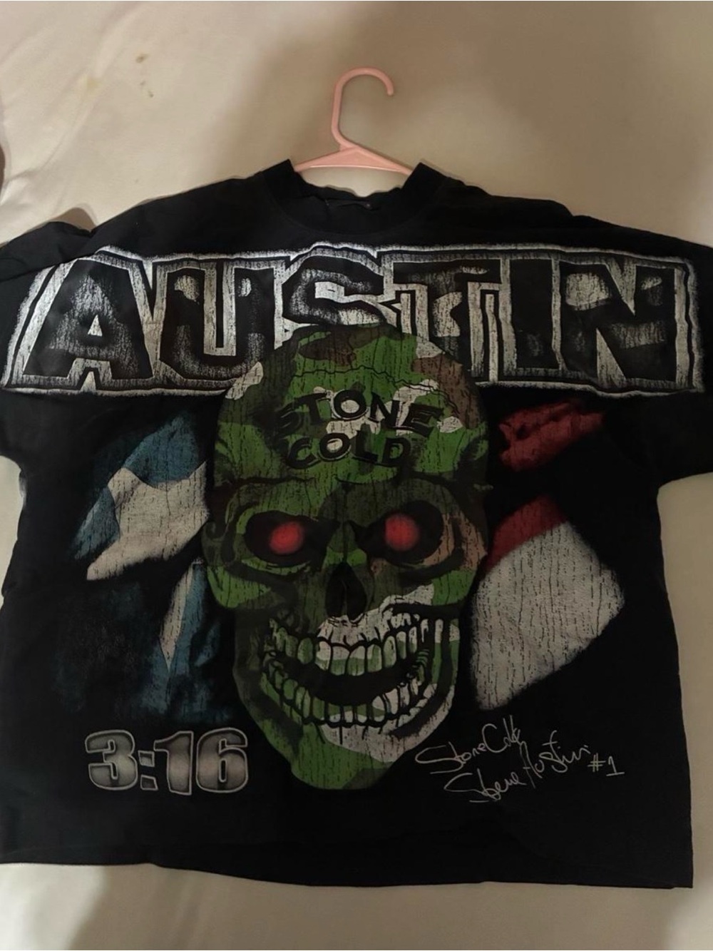 WWE Black Austin 3:16 Skull Tee with Green & Red Accents